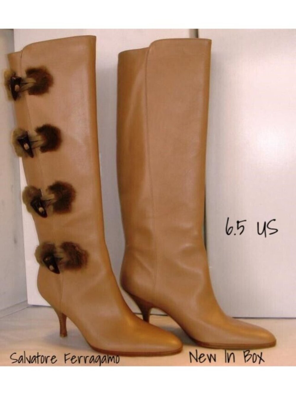 Salvatore Ferragamo Tafalla Leather Knee Toggle Fur Boots Size 6.5 New With Box